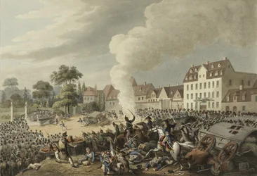 Slaget vid Leipzig, 16-19 oktober 1813, från En illustrerad uppteckning över viktiga händelser i Europas annaler under åren 1812, 1813, 1814 & 1815, 1815 (färgakvatint)